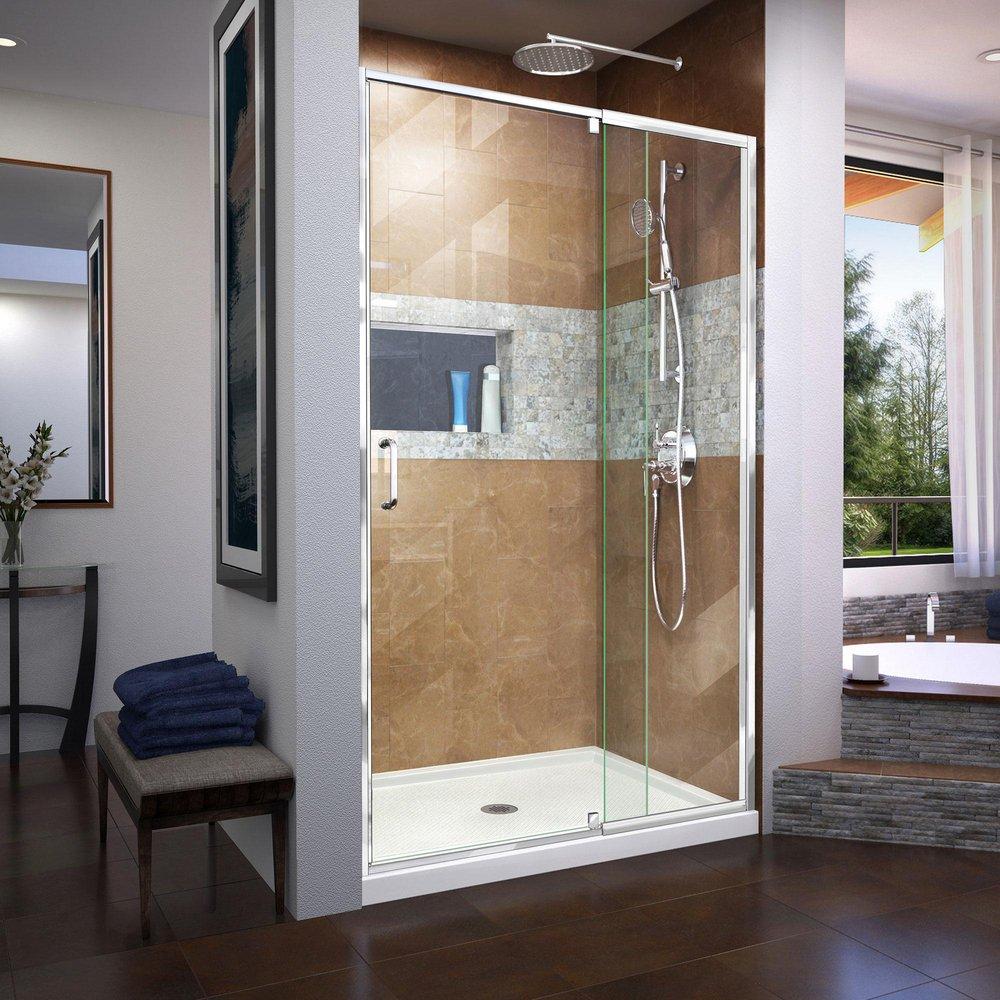 DreamLine Chrome 48 in. Frameless Pivot Shower Door with Clear Tempered Glass 