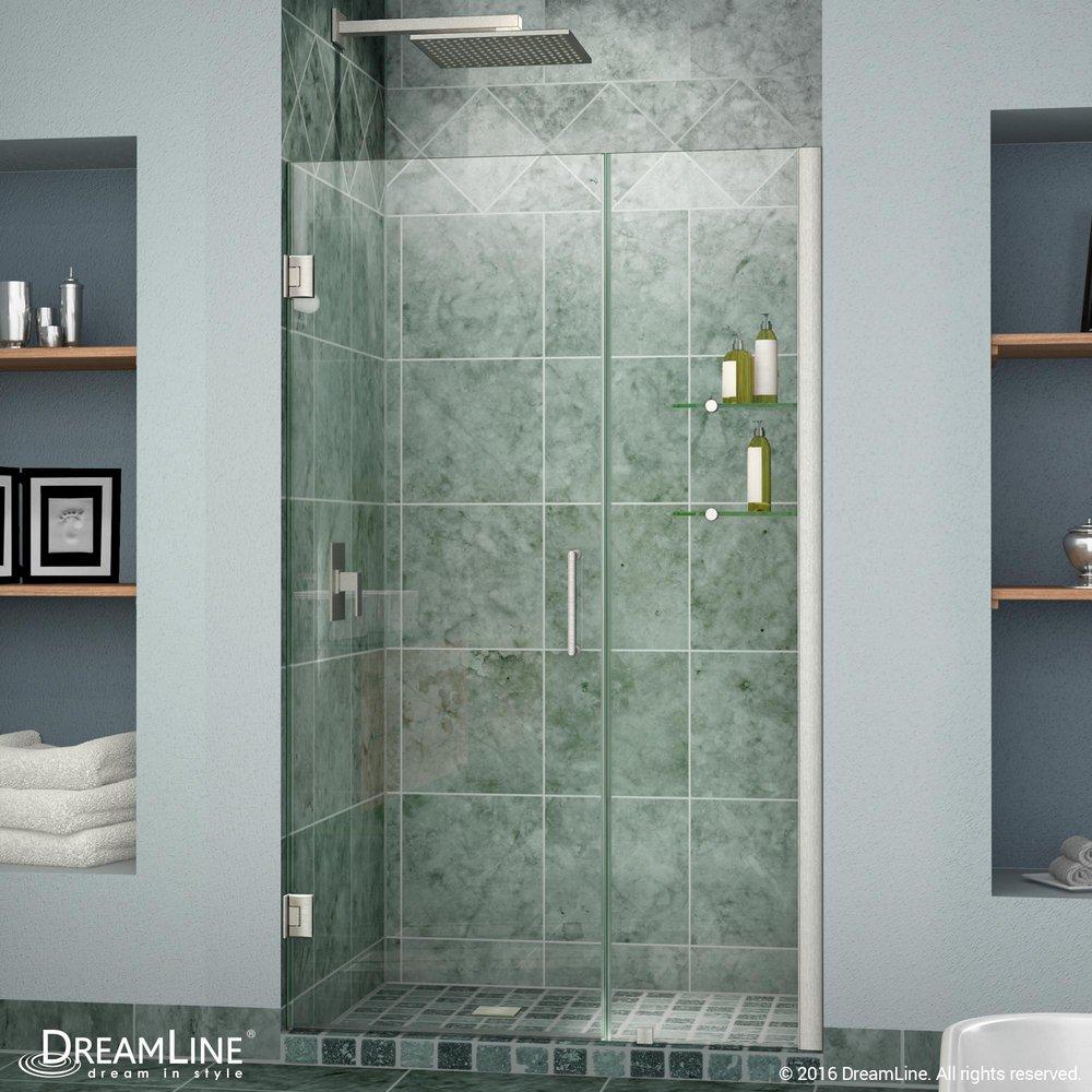DreamLine Brushed Nickel 46 in. Frameless Hinged Shower Door with Tempered Glass 