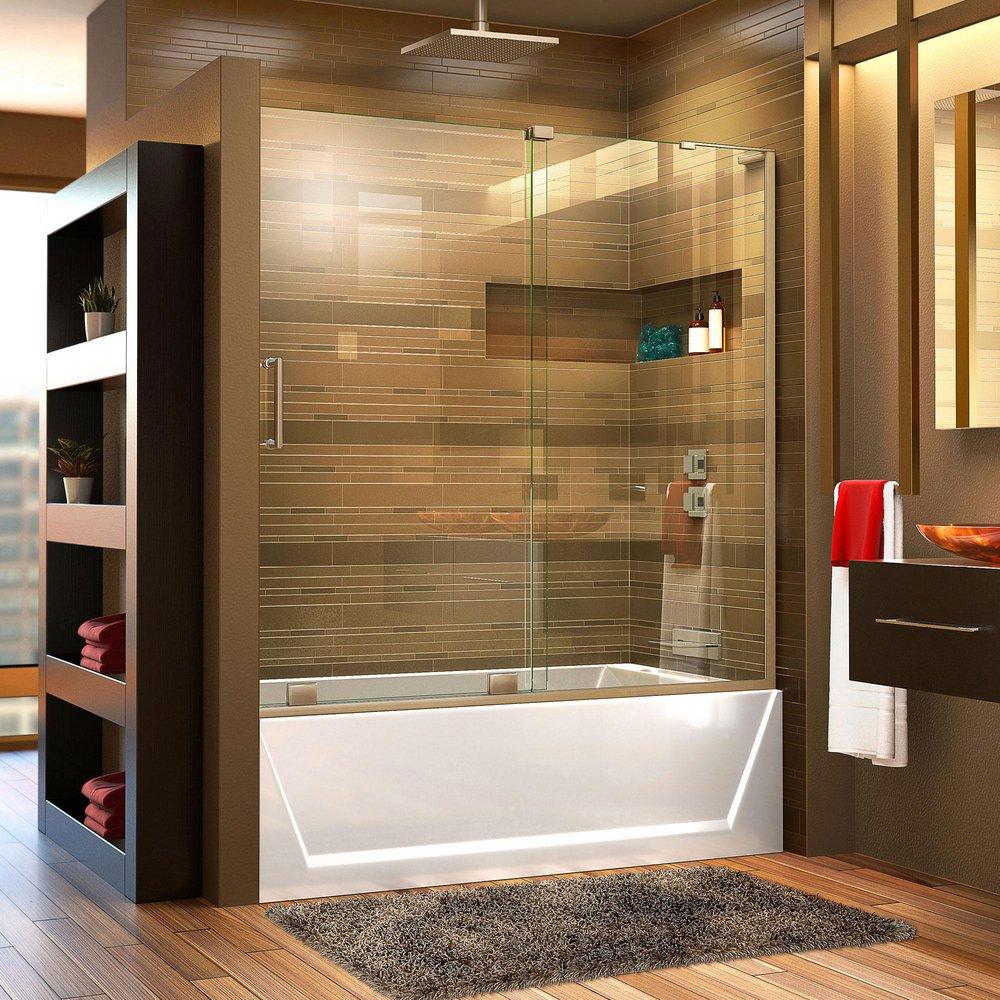 DreamLine Brushed Nickel 60 in. Frameless Sliding Tub and Shower Door with Right Wall Bracket 