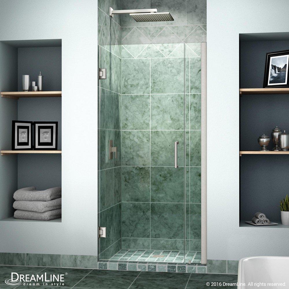 DreamLine Brushed Nickel 34 in. Frameless Hinged Shower Door with Clear Glass 