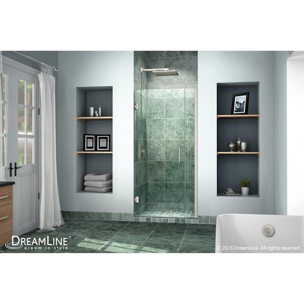 DreamLine Brushed Nickel 34 in. Frameless Hinged Shower Door with Clear Glass 