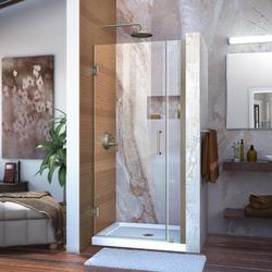 34 in. Frameless Hinged Shower Door with Clear Glass in Brushed Nickel