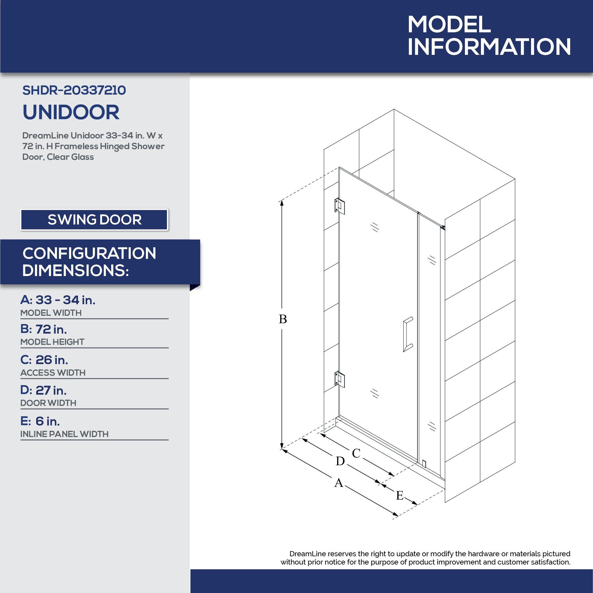 DreamLine Brushed Nickel 34 in. Frameless Hinged Shower Door with Clear Glass 