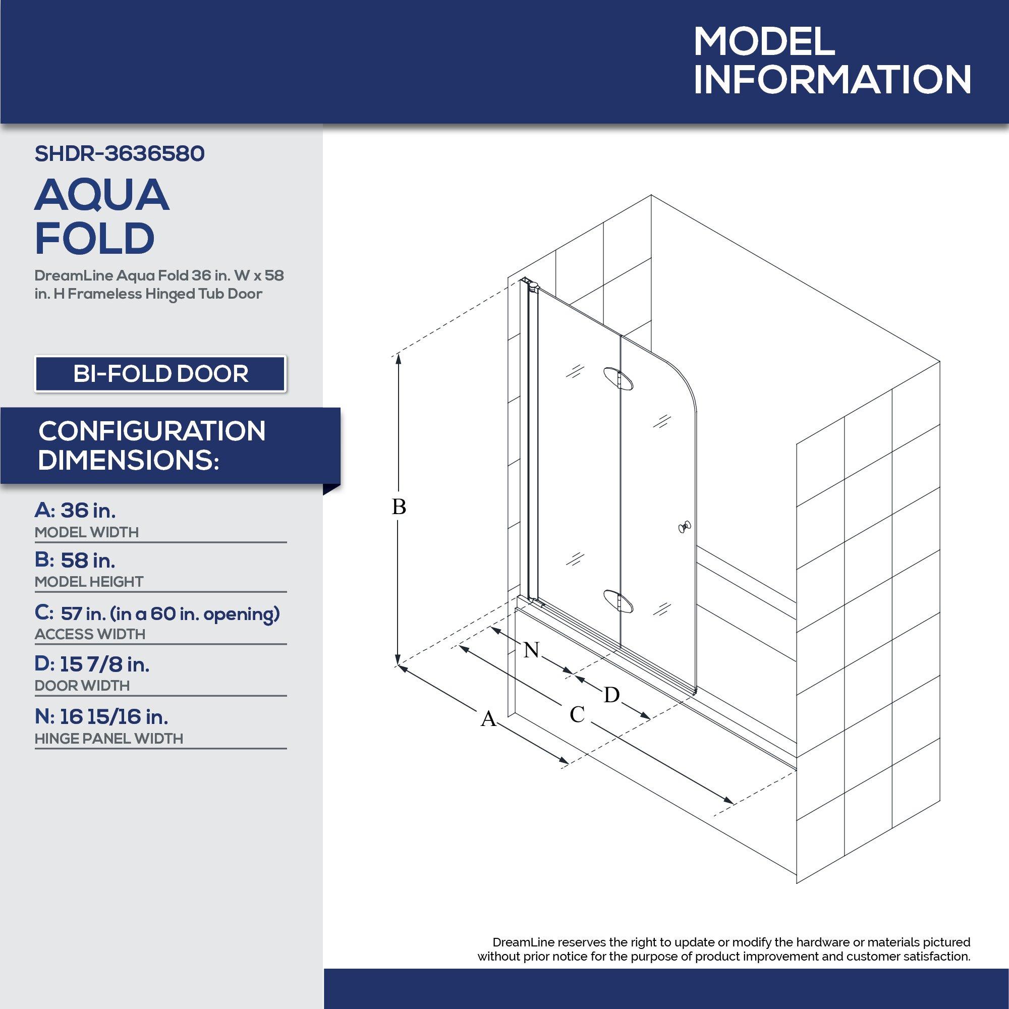 DreamLine Chrome 36 in. Frameless Hinged Tub and Shower Door with Clear Tempered Glass 