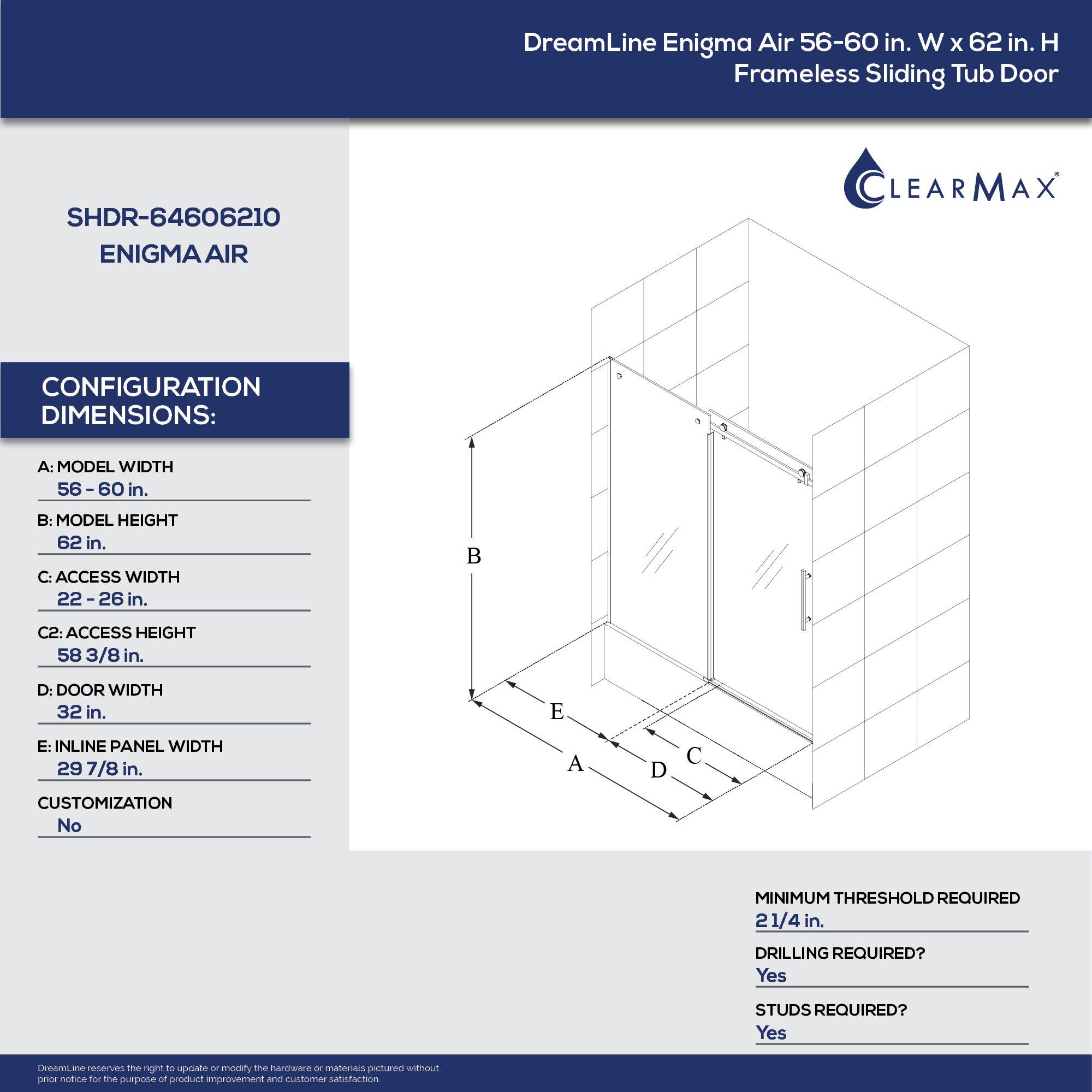 DreamLine Brushed Stainless Steel 60 in. Frameless Sliding Tub and Shower Door with Clear Tempered Glass 