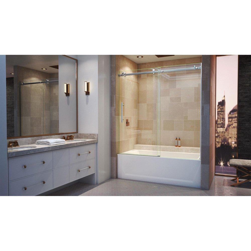 DreamLine Brushed Stainless Steel 60 in. Frameless Sliding Tub and Shower Door with Clear Tempered Glass 