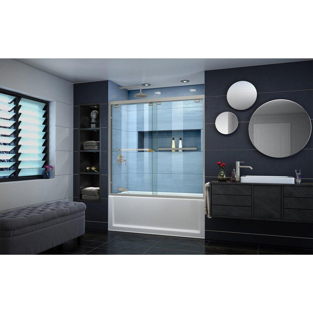 DreamLine Brushed Nickel 60 in. Frameless Bypass Sliding Tub and Shower Door with Clear Glass 