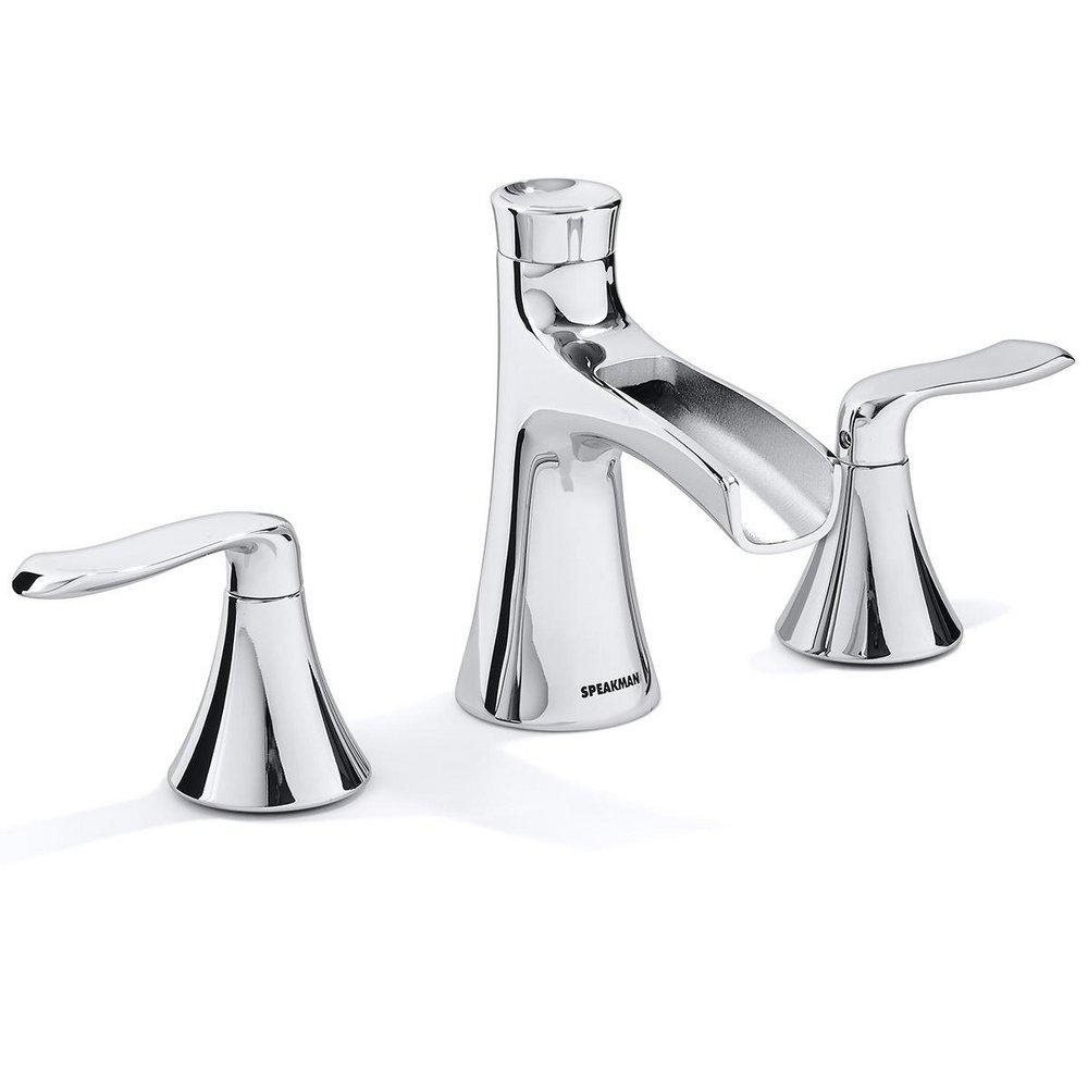 Speakman Polished Chrome Deck Mount Widespread Bathroom Sink Faucet with Double Lever Handle 