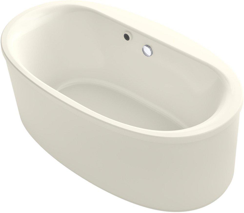 KOHLER Biscuit Acrylic Freestanding Oval Bathtub with Heated Surface, Straight Shroud and Center Drain 