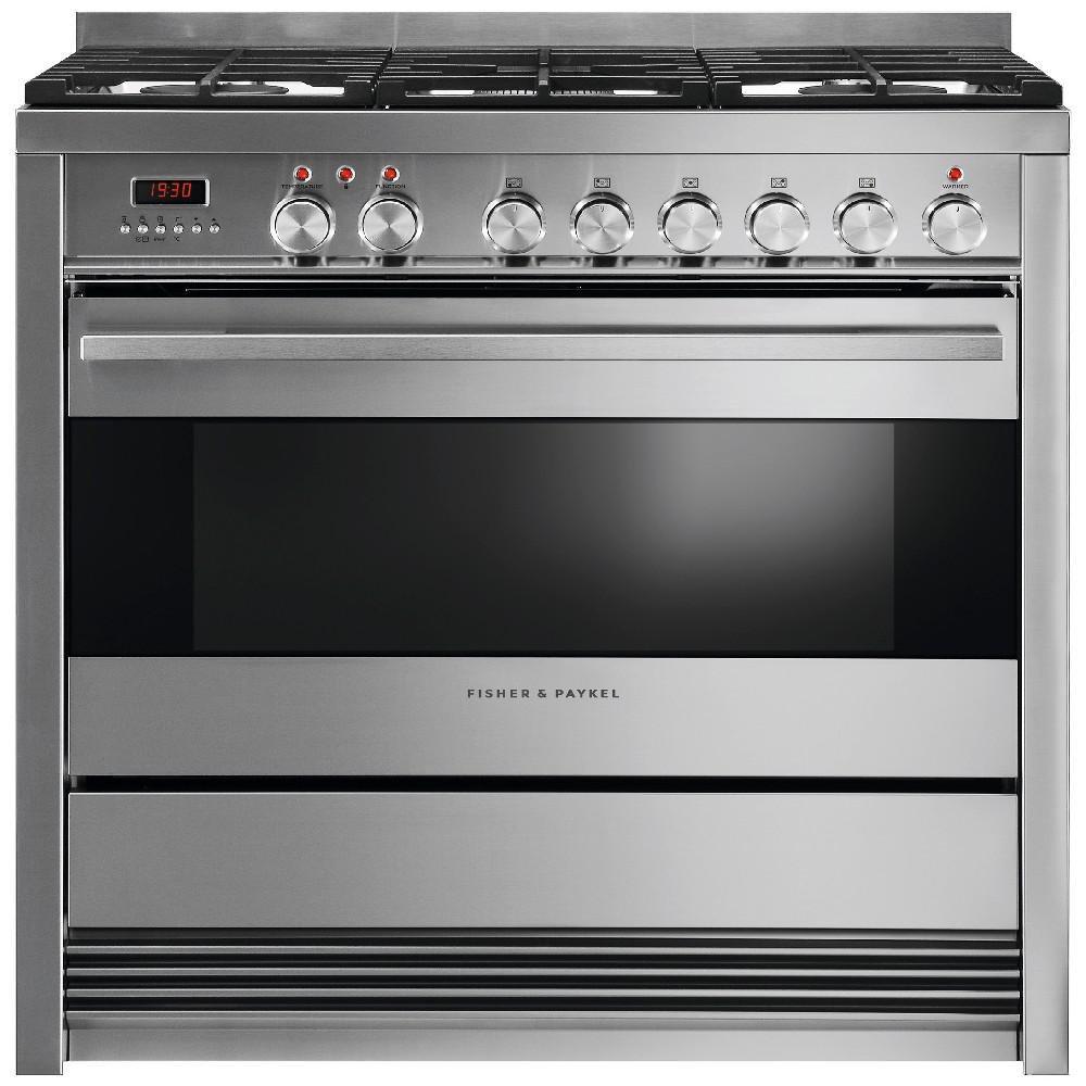 Fisher & Paykel Brushed Stainless Steel/Black 35-7/8 in. Dual Fuel 5-Burner Sealed Freestanding Range 