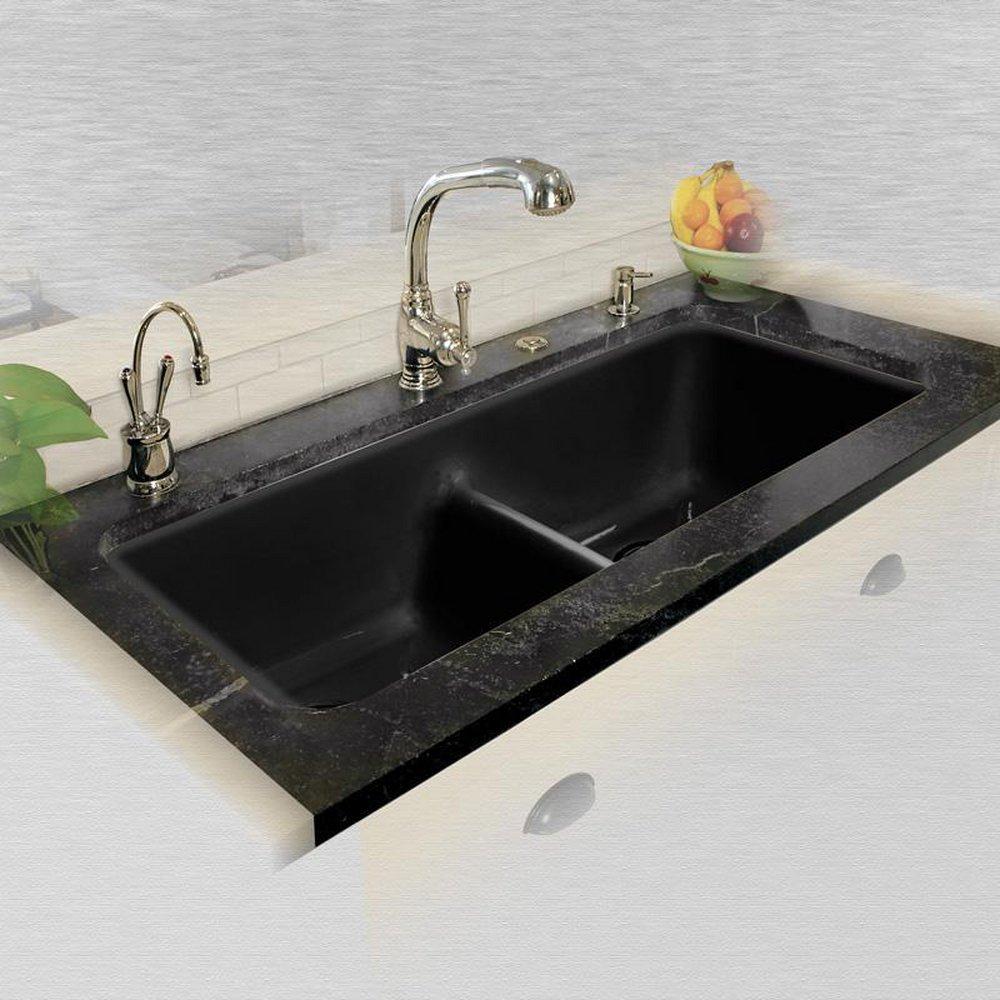 CECO Black 43 x 19-1/2 in. No Hole Cast Iron Double Bowl Undermount Kitchen Sink 