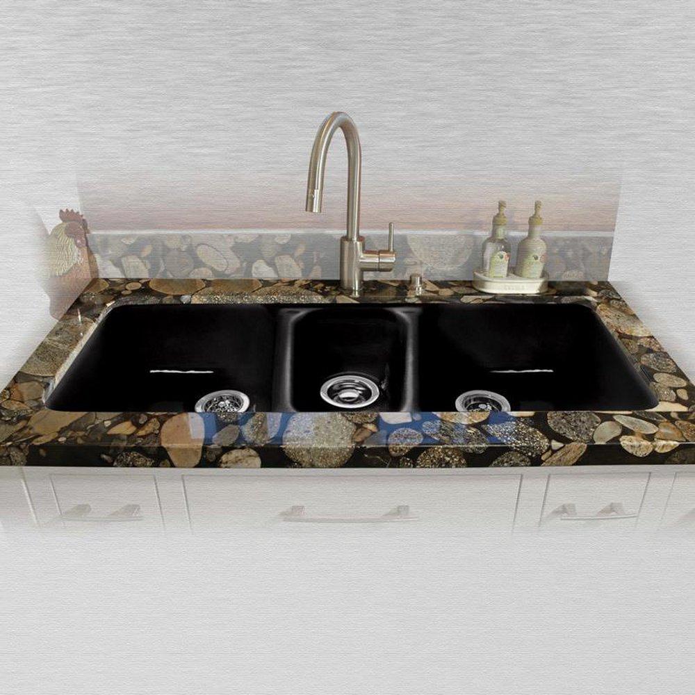 CECO Black 42 x 19 in. No Hole Cast Iron Triple Bowl Undermount Kitchen Sink 