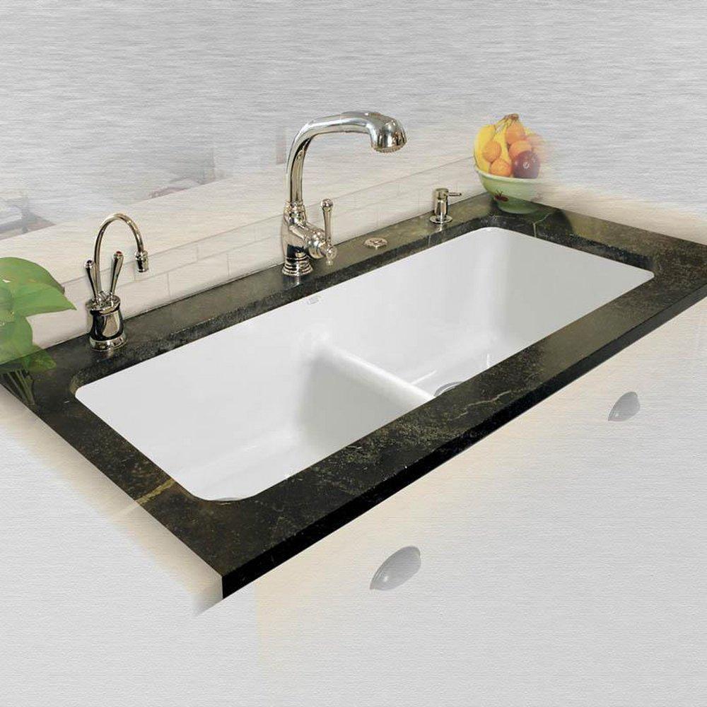 CECO White 43 x 19-1/2 in. No Hole Cast Iron Double Bowl Undermount Kitchen Sink 