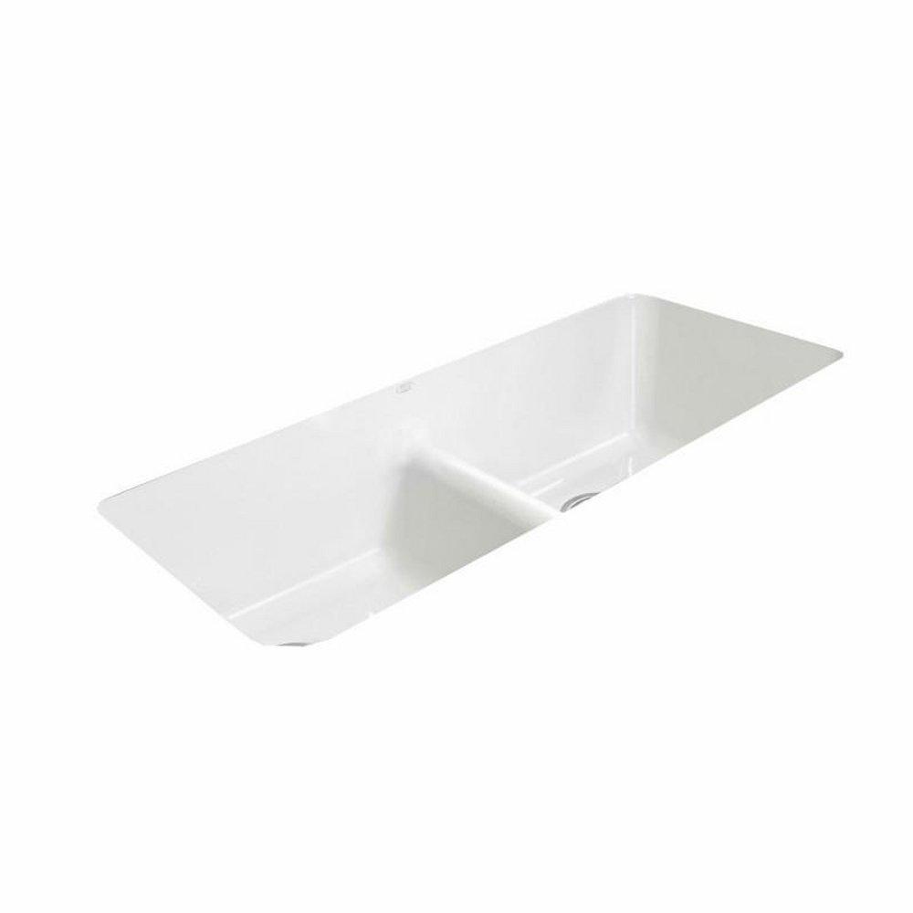 CECO White 43 x 19-1/2 in. No Hole Cast Iron Double Bowl Undermount Kitchen Sink 