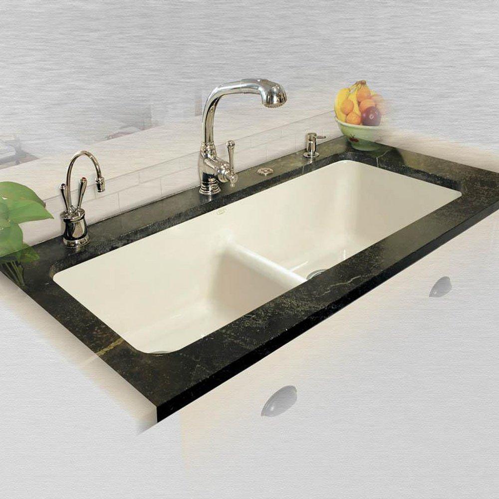 CECO Biscuit 43 x 19-1/2 in. No Hole Cast Iron Double Bowl Undermount Kitchen Sink 