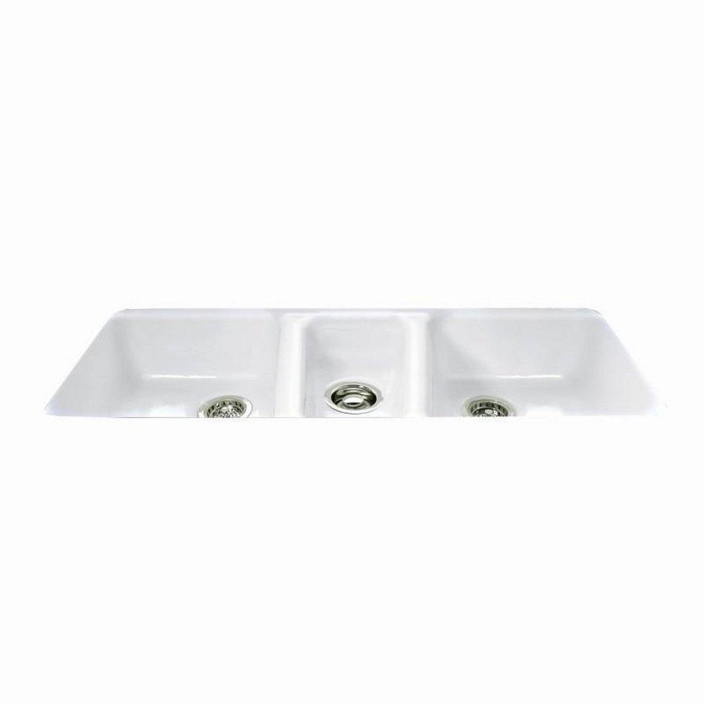 CECO White 42 x 19 in. No Hole Cast Iron Triple Bowl Undermount Kitchen Sink 
