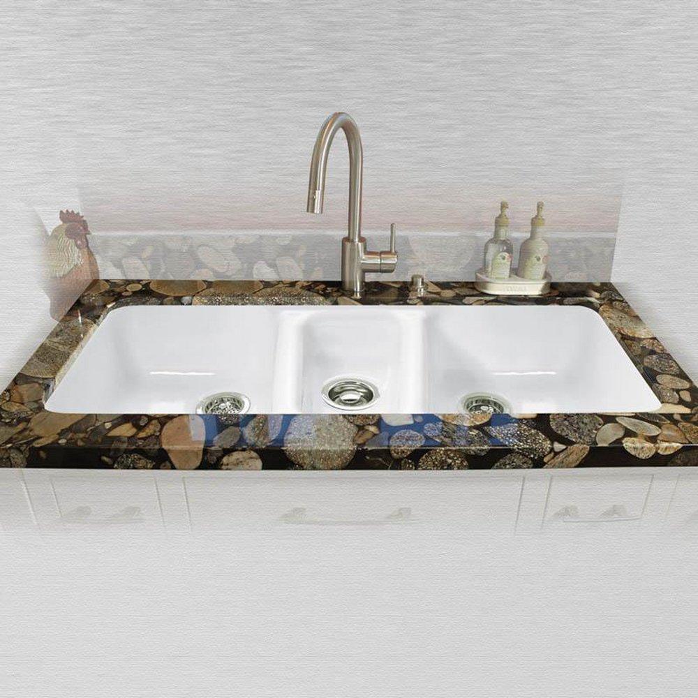 CECO White 42 x 19 in. No Hole Cast Iron Triple Bowl Undermount Kitchen Sink 