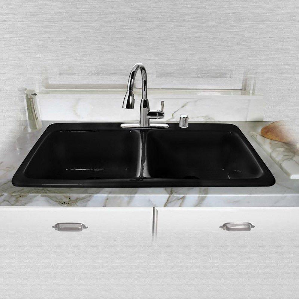 Commercial Enameling Black 4 Hole Double Bowl Self-Rimming and Top Mount Kitchen Sink with Rear Center Drain 