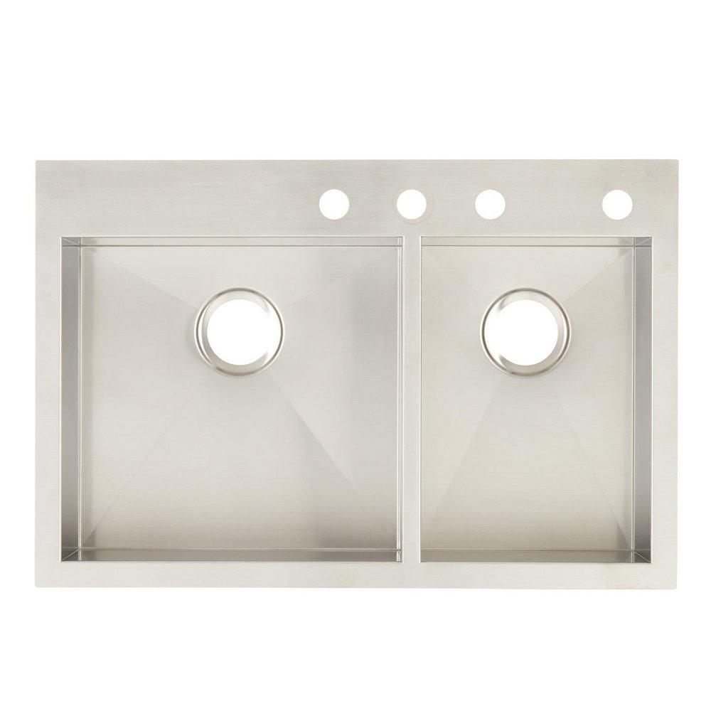 Signature Hardware Brushed Stainless Steel 33 x 22 in. Stainless Steel Double Bowl Dual Mount Kitchen Sink in Brushed Stainless Steel 