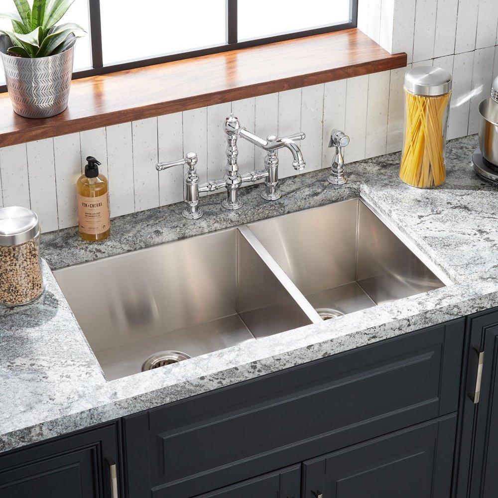 Signature Hardware Brushed Stainless Steel 33 x 22 in. Stainless Steel Double Bowl Dual Mount Kitchen Sink in Brushed Stainless Steel 