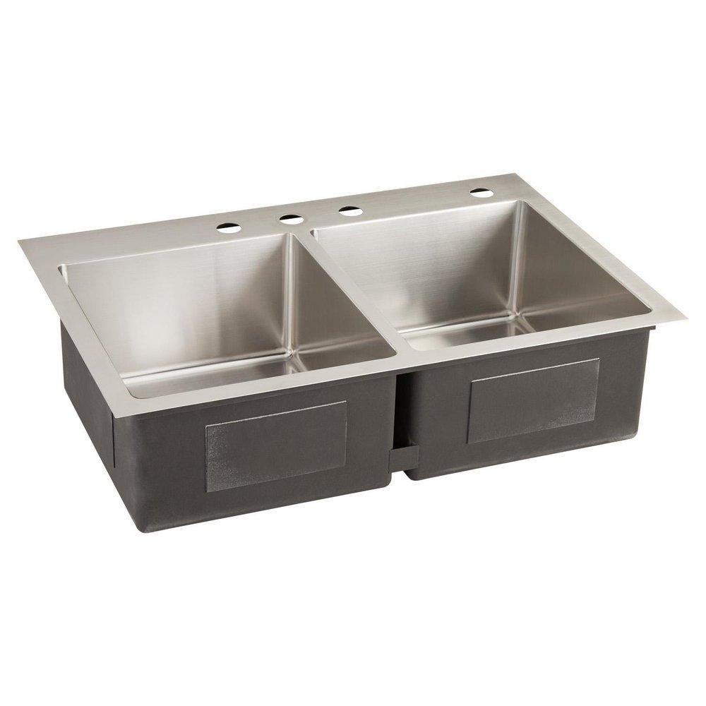 Signature Hardware Brushed Stainless Steel 33 x 22 in. Stainless Steel Double Bowl Undermount Kitchen Sink 