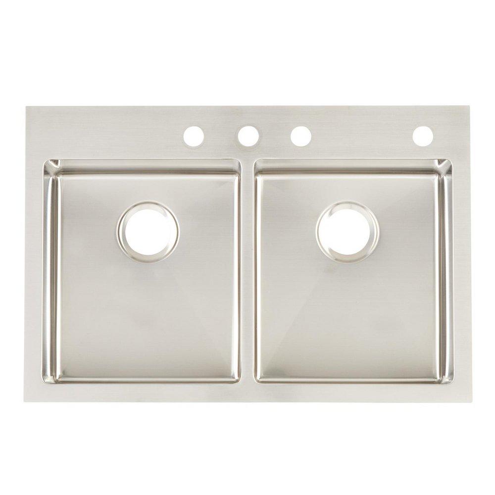 Signature Hardware Brushed Stainless Steel 33 x 22 in. Stainless Steel Double Bowl Undermount Kitchen Sink 