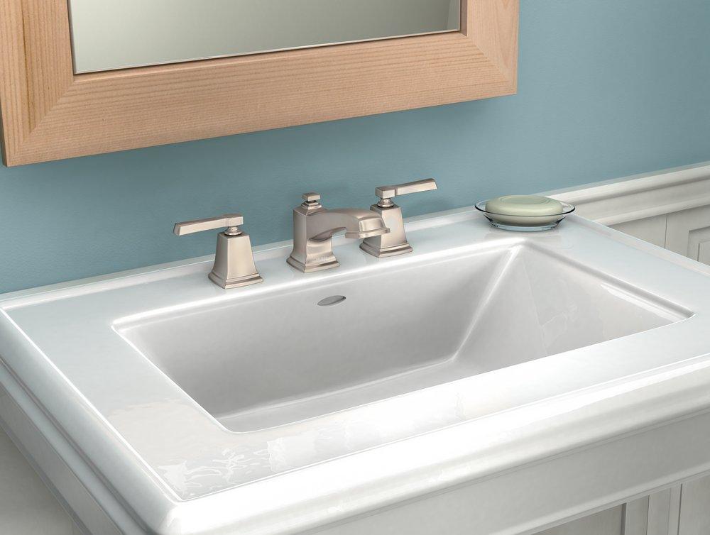 Moen Spot Resist&reg; Brushed Nickel Deckmount Widespread Low Arc Bathroom Sink Faucet 