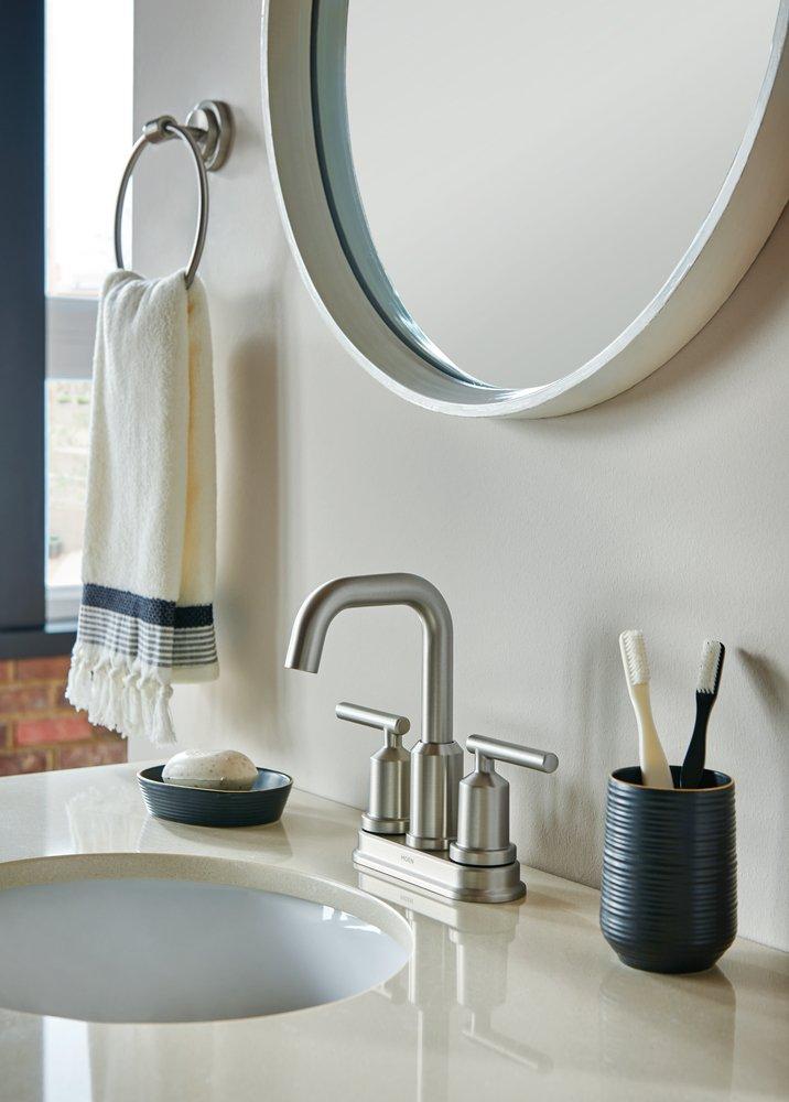 Moen Spot Resist&trade; Brushed Nickel Two Handle Centerset Bathroom Sink Faucet Lever Handle 