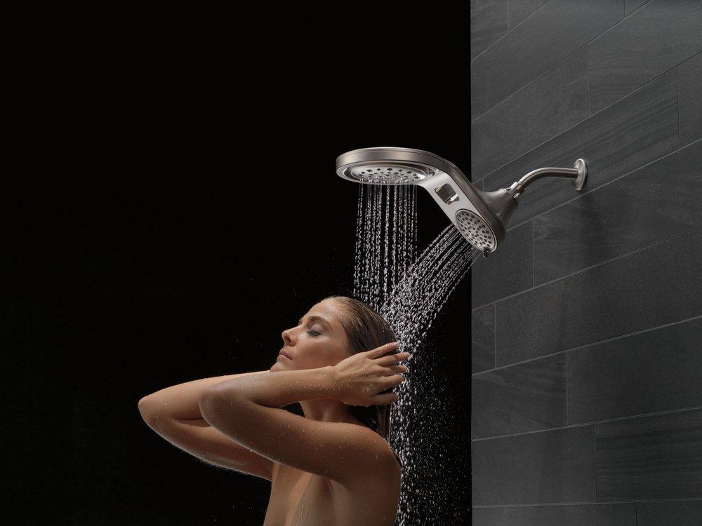 Delta Faucet Brilliance Stainless Multi Function Full Body, Full Spray w/ Massage, Massaging, Pause and Shampoo Rinsing Showerhead 