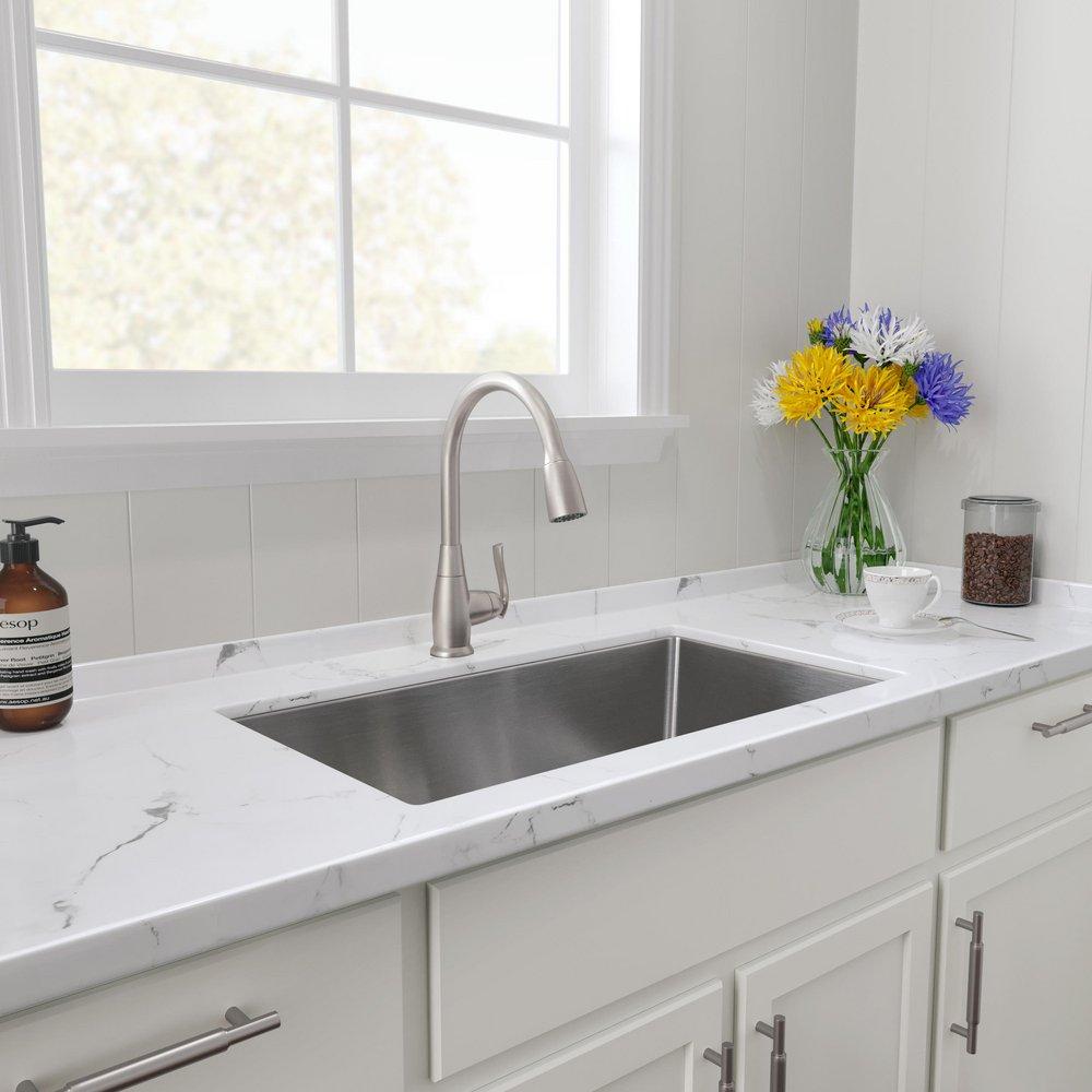 PROFLO&reg; Brushed Nickel Single Handle Pull Down Kitchen Faucet with Two-Function Spray 