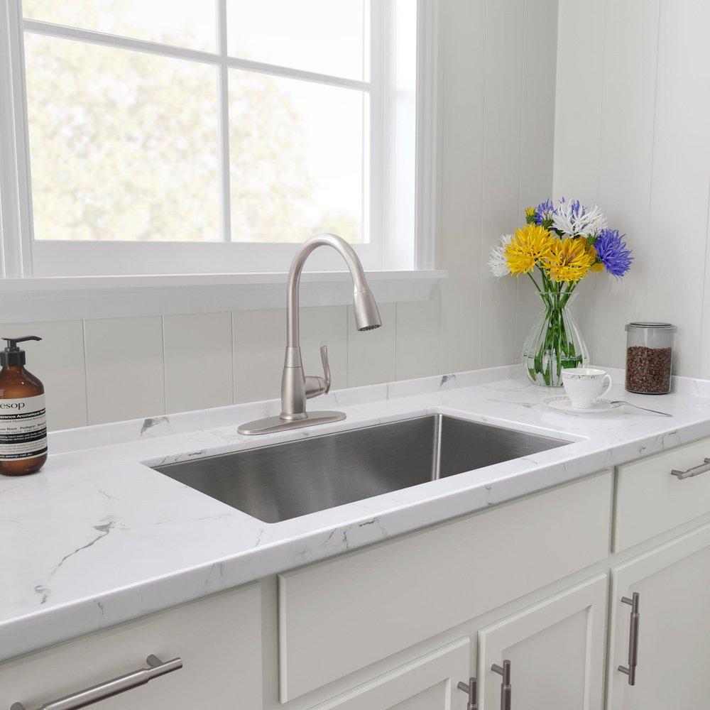 PROFLO&reg; Brushed Nickel Single Handle Pull Down Kitchen Faucet with Two-Function Spray 