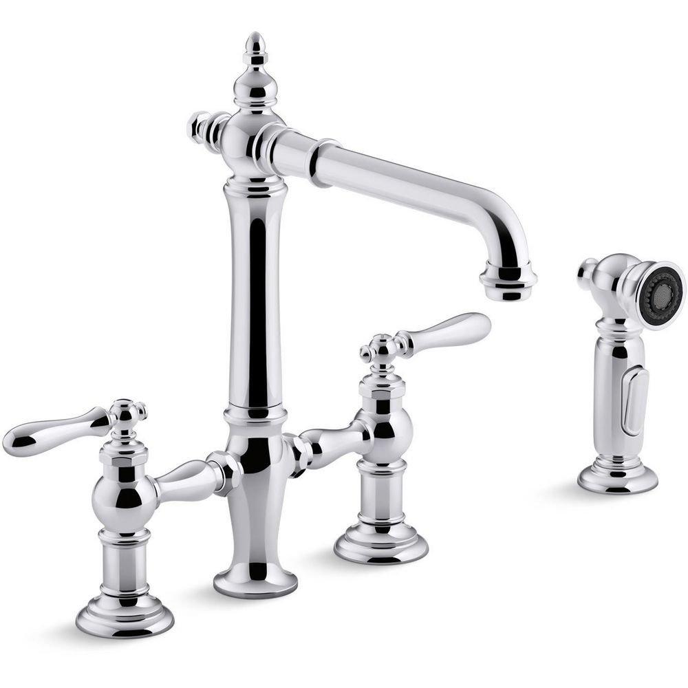 KOHLER Polished Chrome Two Handle Bridge Kitchen Faucet 