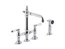 Two Handle Bridge Kitchen Faucet with Side Spray in Polished Chrome