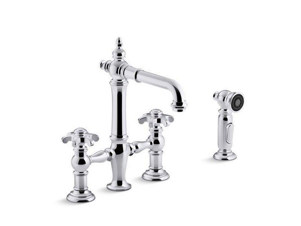 KOHLER Polished Chrome 3 or 4-Hole Bar Faucet with Side Spray and Double Lever Handle 