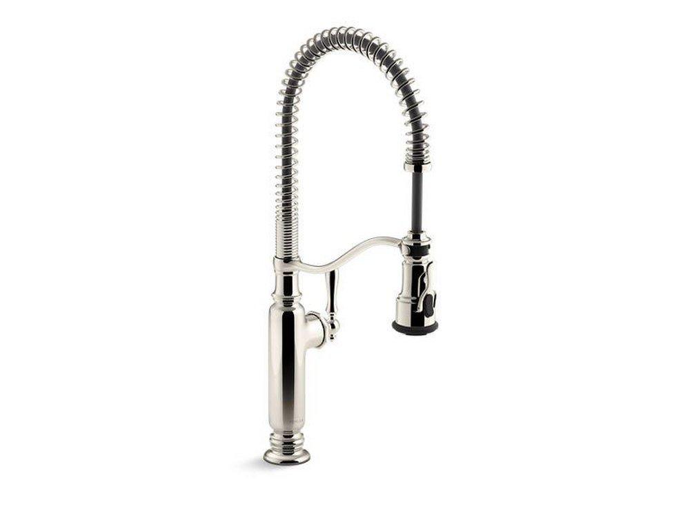KOHLER Vibrant&reg; Polished Nickel Single Handle Pull Down Semi-Professional Kitchen Faucet with Three-Function Spray, Magnetic Docking, Sweep Spray and BerrySoft Technology 