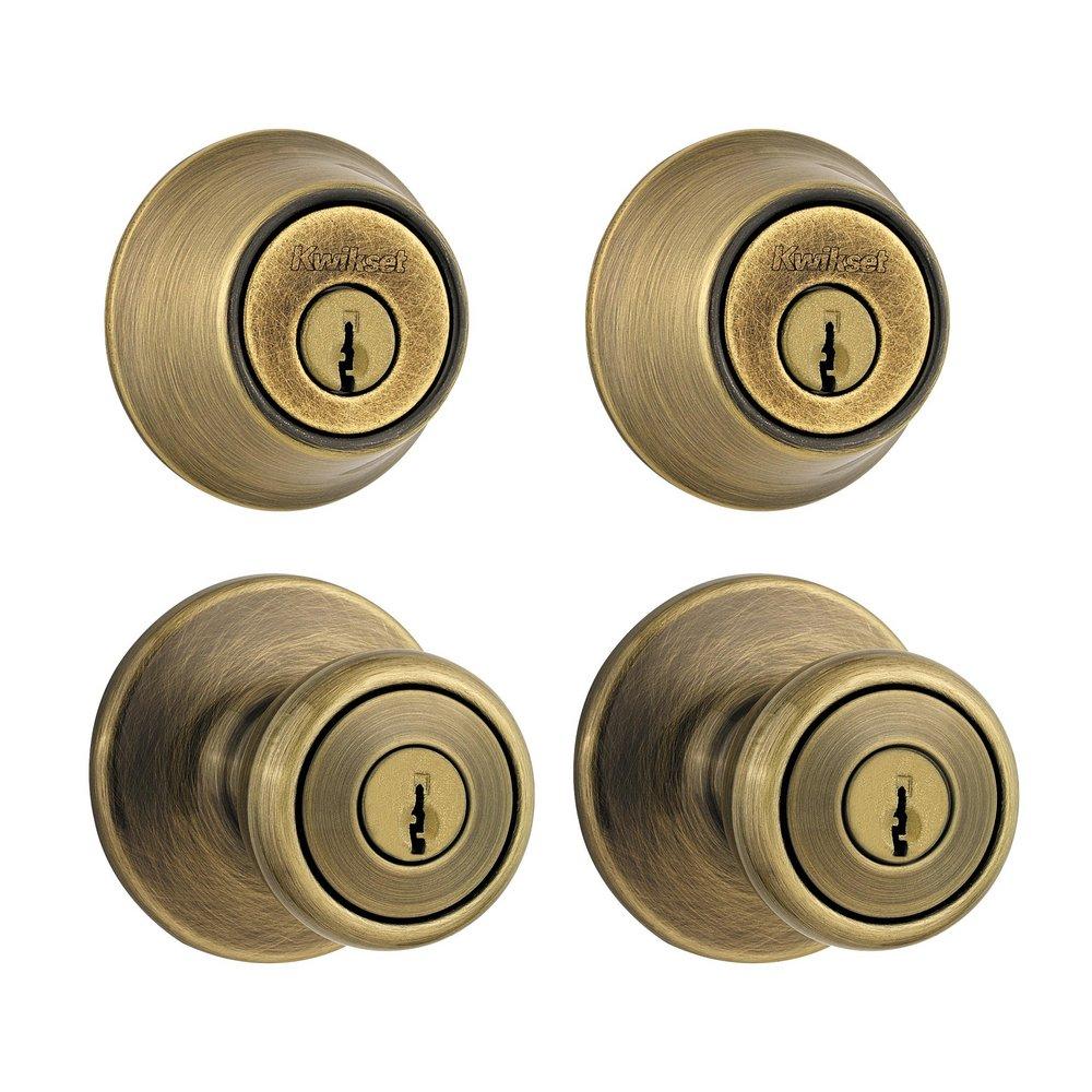 Kwikset Antique Brass Knob with Single Cylinder Deadbolt Combo Pack 