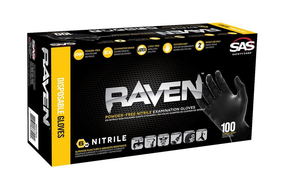 SAS Safety Black SAS Safety Raven&reg; 7 Mil Powder Free Textured Nitrile Disposable Gloves in Black (100 Pack) 