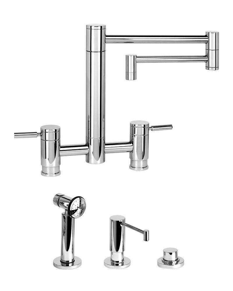 Waterstone Unlacquered Polished Brass HUNLEY BRIDGE FAUCET - 18  ARTICULATED SPOUT - 3 PC SUITE 