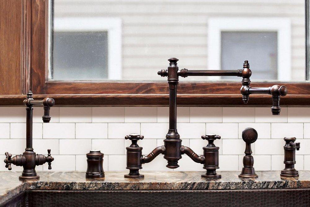 Waterstone Unlacquered Polished Brass TOWSON BRIDGE FAUCET - 12  ARTICULATED SPOUT - CROSS HANDLES - 4 PC SUITE 