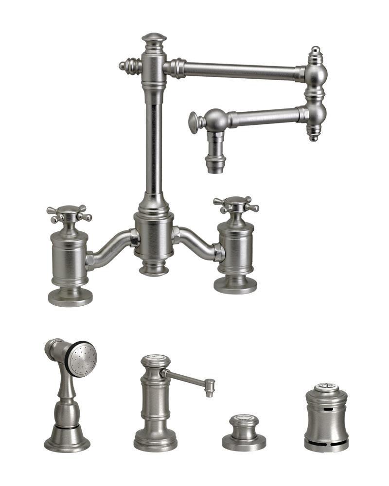 Waterstone Unlacquered Polished Brass TOWSON BRIDGE FAUCET - 12  ARTICULATED SPOUT - CROSS HANDLES - 4 PC SUITE 