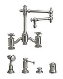 Waterstone Unlacquered Polished Brass TOWSON BRIDGE FAUCET - 12  ARTICULATED SPOUT - CROSS HANDLES - 4 PC SUITE 