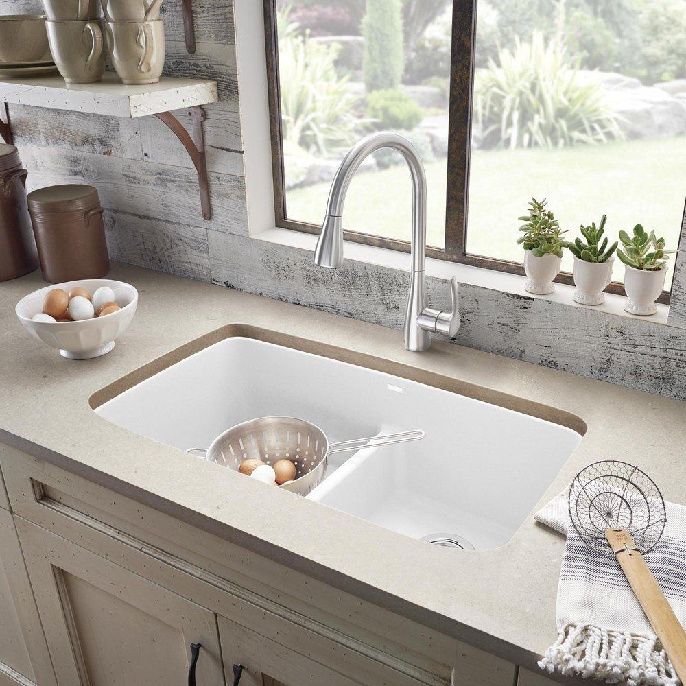 BLANCO White 32 x 19 in. No Hole Composite Double Bowl Undermount Kitchen Sink 