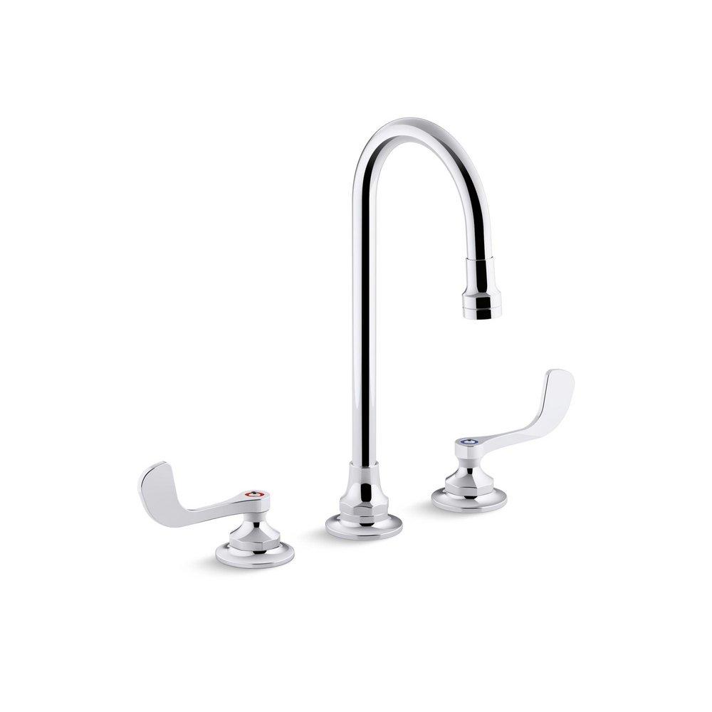 KOHLER Polished Chrome Deck Mount Widespread Bathroom Sink Faucet with Double Wristblade Handle with Gooseneck Spout 