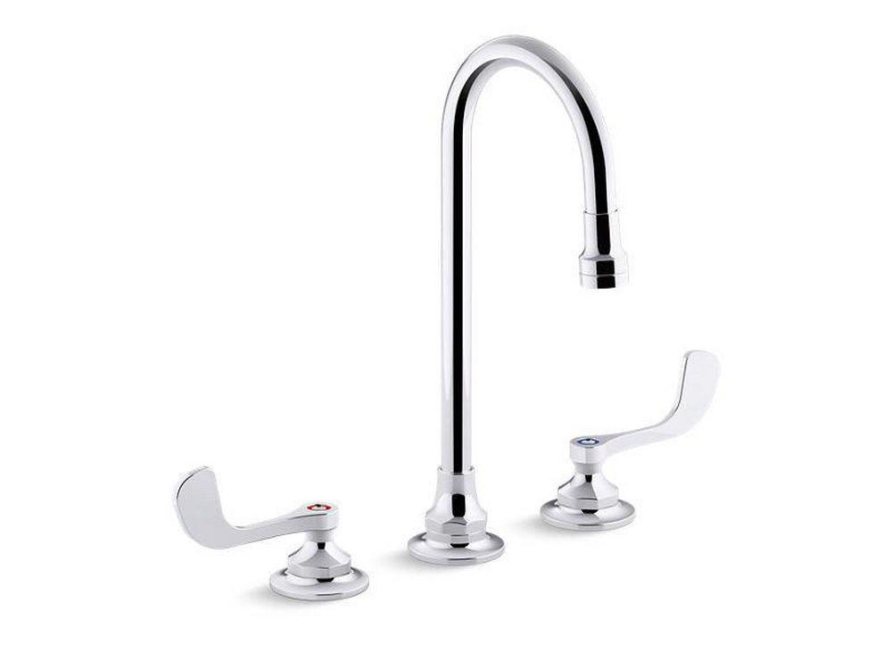 KOHLER Polished Chrome Deck Mount Widespread Bathroom Sink Faucet with Double Wristblade Handle with Gooseneck Spout 