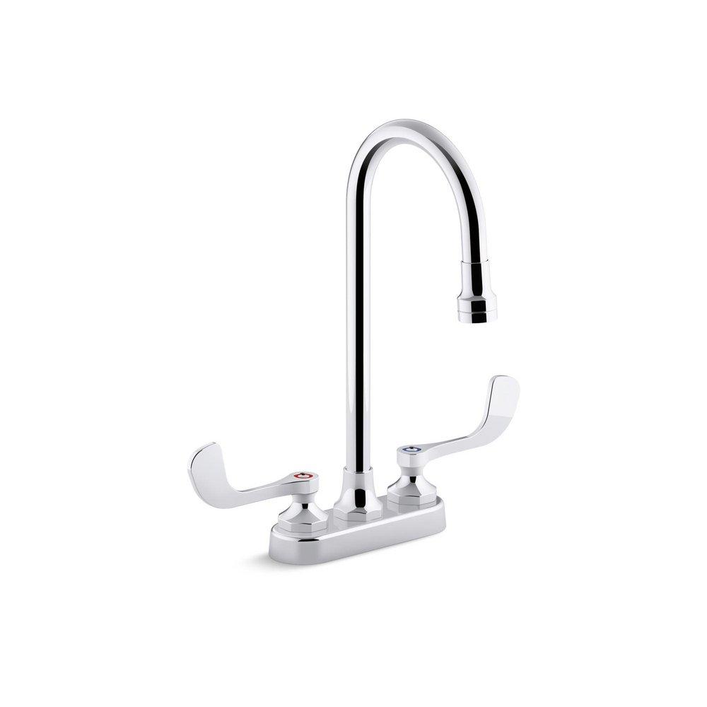 KOHLER Polished Chrome Deck Mount Centerset Bathroom Sink Faucet with Double Wristblade Handle with Gooseneck Spout 