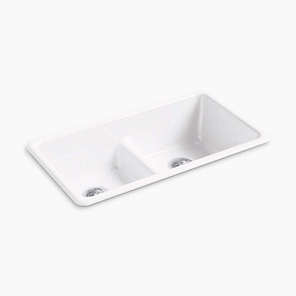 KOHLER White 33 x 18-3/4 in. No Hole Cast Iron Double Bowl Dual Mount Kitchen Sink 