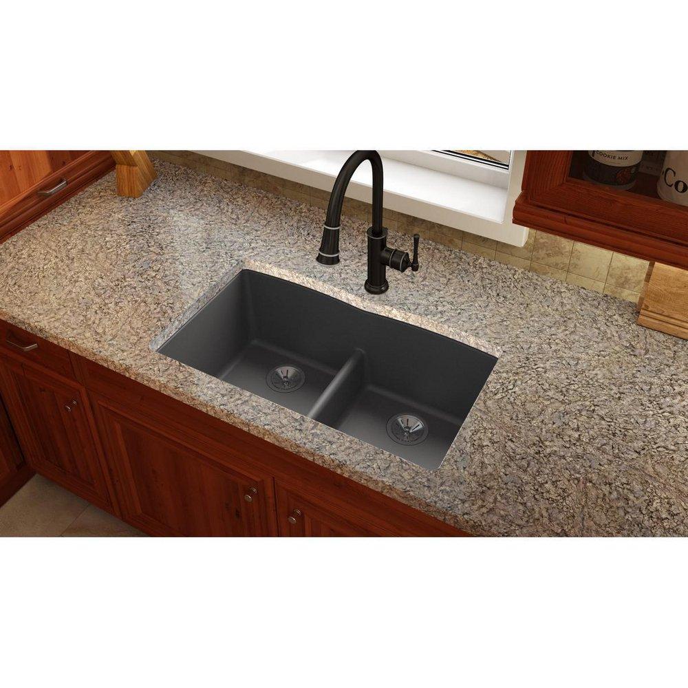 Elkay Charcoal 33 x 19 in. No Hole Composite Double Bowl Undermount Kitchen Sink 
