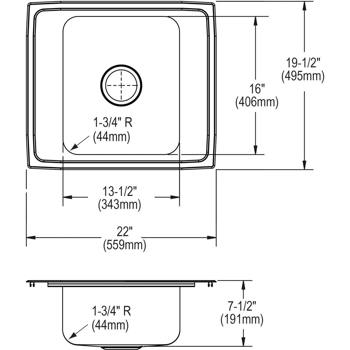 Dayton Elite Satin 20 GAUGE STAINLESS STEEL 33 X 22 X 8.0625 SINGLE BOWL TOP MOUNT KITCHEN SINK 