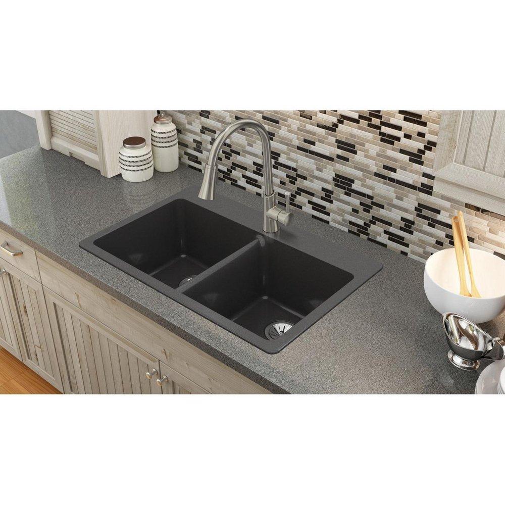 Elkay Caviar 33 x 22 in. No Hole Composite Double Bowl Drop-in Kitchen Sink 