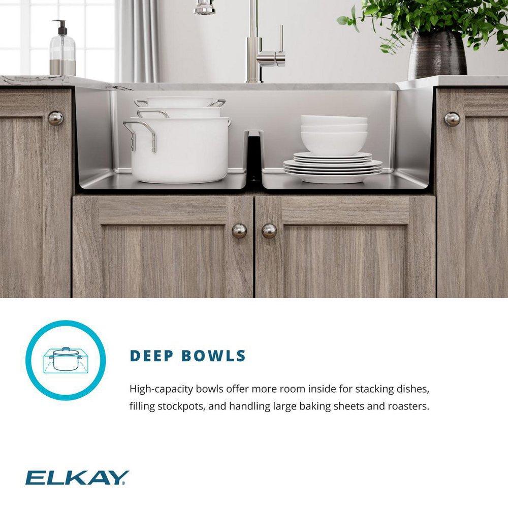Elkay Polished Satin 35-7/8 x 20-1/4 in. Stainless Steel Double Bowl Farmhouse Kitchen Sink with Sound Dampening 